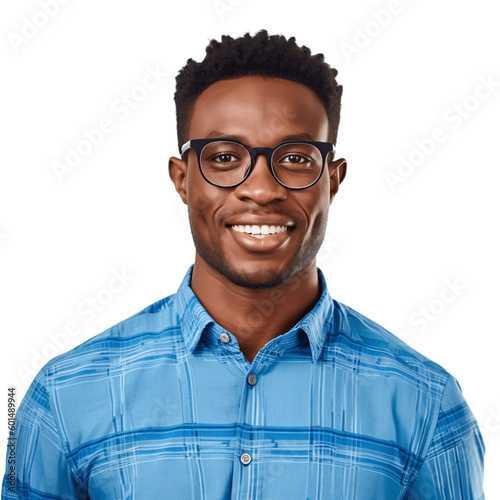 Portrait of a handsome, young african american man wearing eyeglasses and blue shirt. Isolated on transparent background. No background.