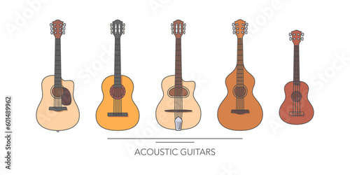 Acoustic guitar set. Outline colorful guitars on white background. Vector illustration.