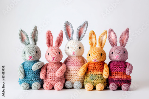 five diferent color bunnies on a white studio background photo