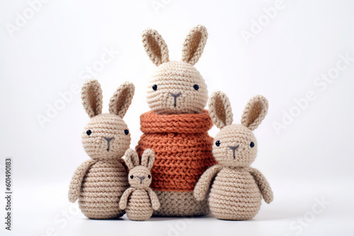 family of four crochet bunnies with a white studio background