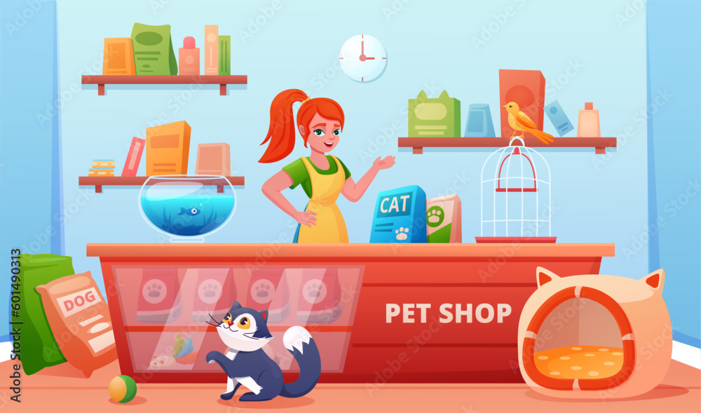 Pet shop interior with counter and signboard, showcase.cute pets, a cat and a canary, a bird, an aquarium fish and a female seller. A pet store. Food and toys for animals. Vector 