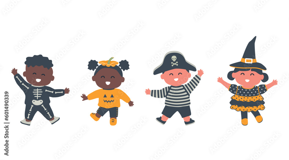 Obraz premium Halloween kids party. Multicultural group of children in halloween costumes. Witch, pirate, pumpkin and skeleton in the image. Vector illustration