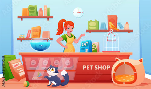Pet shop interior with counter and signboard, showcase.cute pets, a cat and a canary, a bird, an aquarium fish and a female seller. A pet store. Food and toys for animals. Vector 