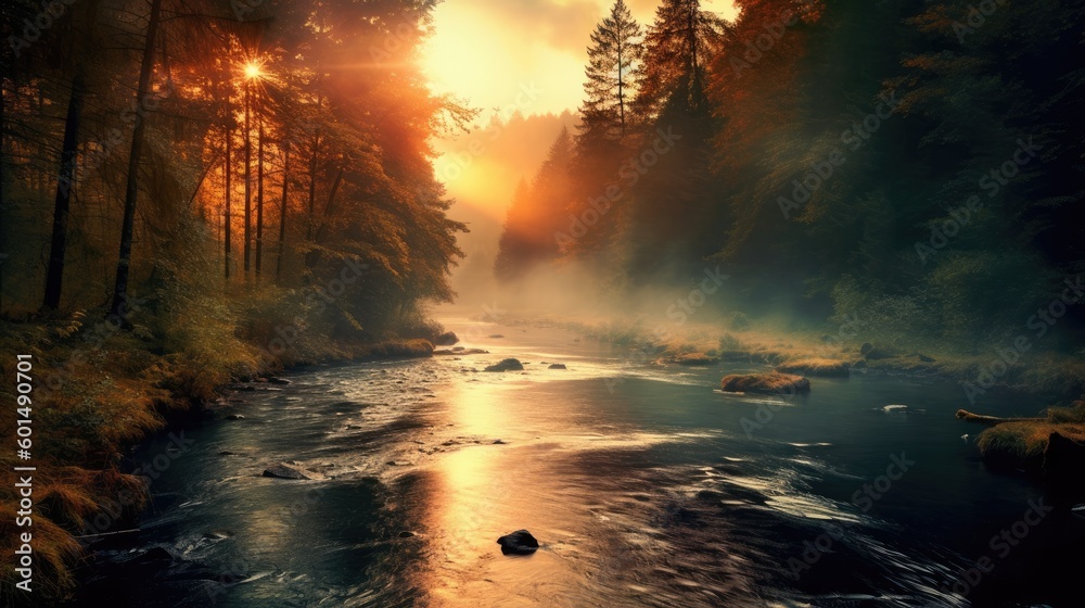 Photograph of a calm river flowing through a forest. Gorgeous autumnal background. Famous image. Generative AI. 
