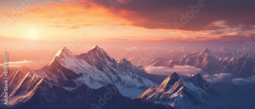 Photograph of a snowy mountain range with the sunset. Gorgeous digital image. Generative AI. 