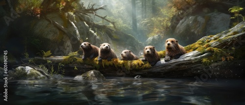 Photorealistic image of a group of otters playing. Stunning background with otters. Illustration. Gorgeous wallpaper texture. Generative AI. 