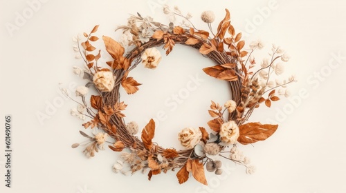 Rustic and charming autumn floral wreath with delicate flowers and branch with leaves. Minimalist style, background with copy space. Generative AI. 