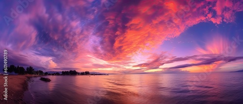 Stunning photograph of a colorful sunset with hues of purply color. Beautiful illustration with sunset. Generative AI. 