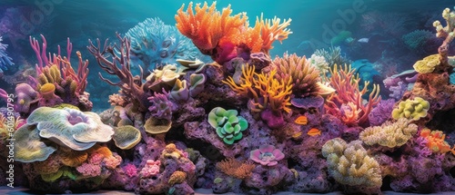 Stunning photograph of a colourful underwater coral. Famous digital image. Charming wallpaper texture. Generative AI. 