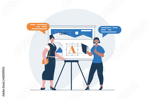 Designer studio web concept with character scene. Women creating ui elements and promotion trendy product. People situation in flat design. Vector illustration for social media marketing material.