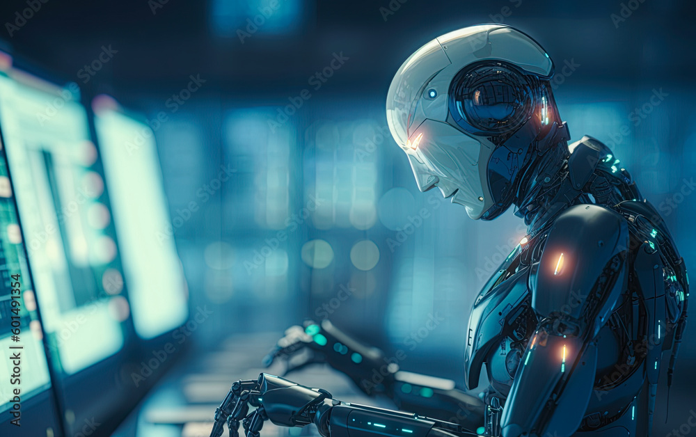 Humanoid robot working in the office. Artificial intelligence replacing human workforce. Generative Ai illustration