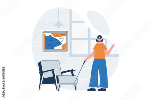 Disabilities people web concept with character scene. Blind woman in glasses and cane have active lifestyle. People situation in flat design. Vector illustration for social media marketing material.