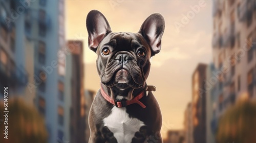 cute french bulldog on the background of the city copy space, the concept of love and care for animals, Ai Generative © paulcannoby