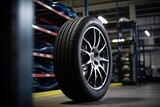 A new tire is placed on the tire storage rack in the car service, Generative AI Technology