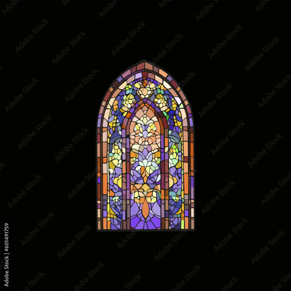 Catholic or Christian decorations.Church panes decorated with colored mosaic glass in different shapes.Beautiful collection of vitreous paint windows with an abstract
