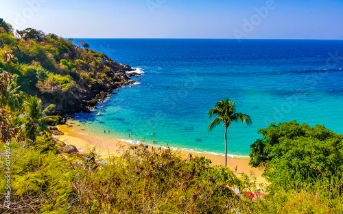 Beach sand blue turquoise water waves panorama Carrizalillo Puerto Escondido.