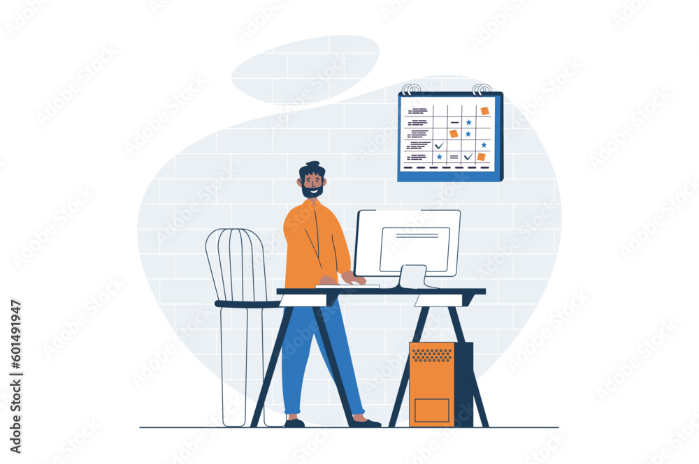 Freelance working web concept with character scene. Man manager planning tasks and briefing colleagues online. People situation in flat design. Vector illustration for social media marketing material.