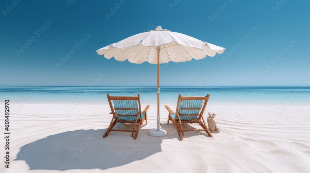 Beach chairs and an umbrella on a white sand beach. Generative AI - obrazy, fototapety, plakaty 