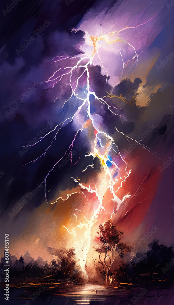 Lightning in the night stormy sky watercolor art. Generative AI thunder storm painting