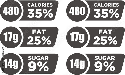Labels calories ingredient information. Daily nutritional ingredient, calories label for your product, calories 35%, fat 25%, sugar 9%