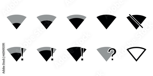 A set of WiFi icons. A symbol for wireless Internet. A set of black wifi icons. Set of free WiFi and zone icons. A set of icons for connecting to a network. An access point icon. Vector on a white bac