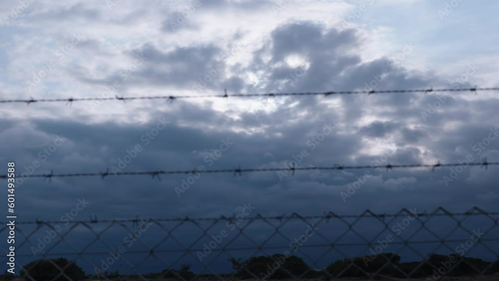 The atmosphere is gloomy, the sun has disappeared behind clouds and trees behind a fence and barbed wire. The concept of conclusion. The atmosphere is gloomy, the sun has disappeared behind clouds and trees behind a fence and barbed wire. The concept of conclusion.