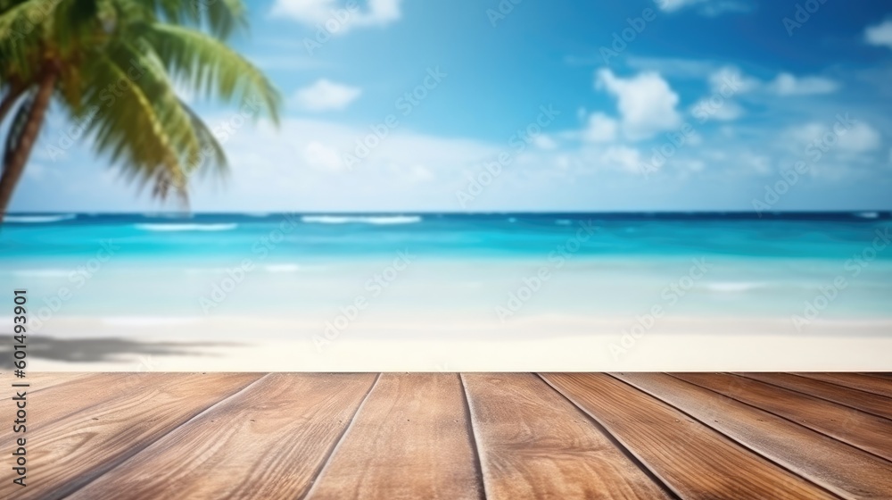 A tropical beach background with an empty wooden table makes a perfect summer holiday background for product display. (Generative AI)