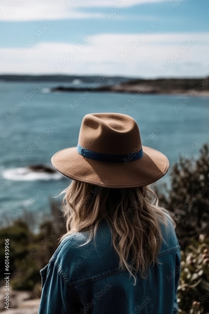 A hat-wearing woman gazing at the sea. (Generative AI)