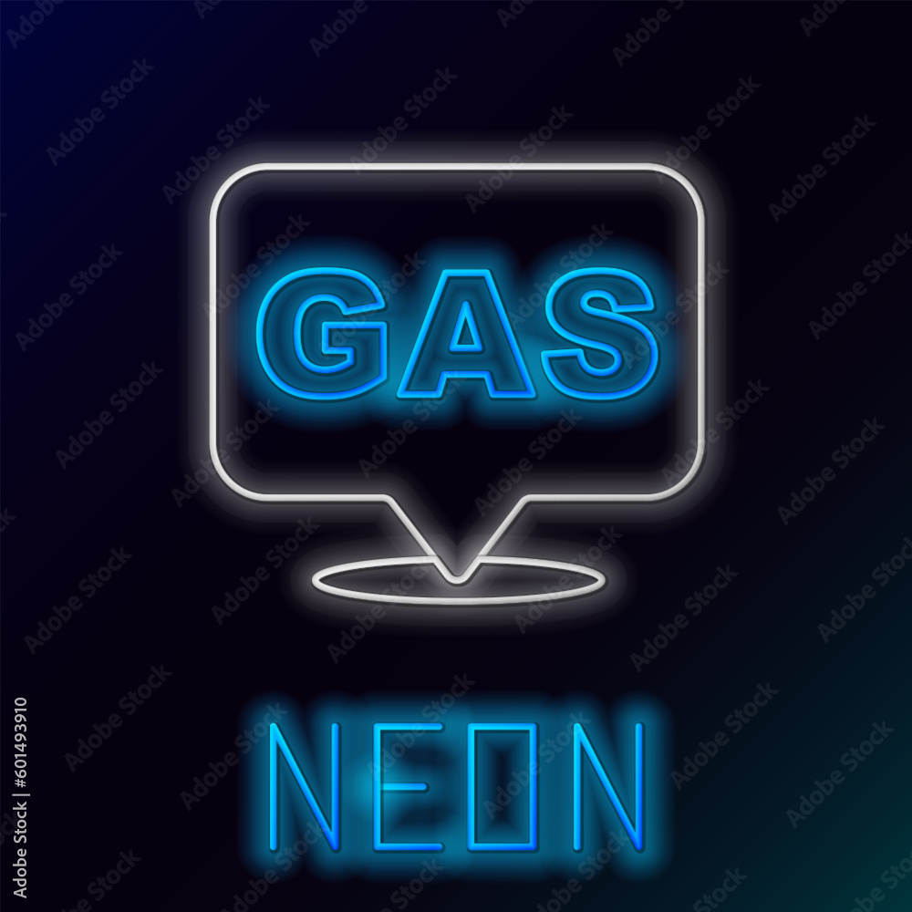 Glowing neon line Location and petrol or gas station icon isolated on black background. Car fuel symbol. Gasoline pump. Colorful outline concept. Vector Glowing neon line Location and petrol or gas station icon isolated on black background. Car fuel symbol. Gasoline pump. Colorful outline concept. Vector