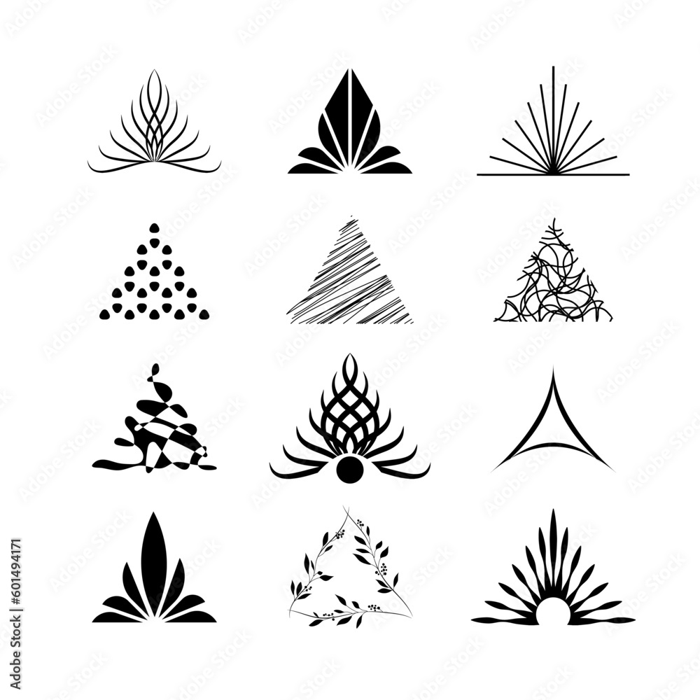 Fototapeta premium Set of triangle elements as sign or emblem for logo. Abstract figures, decorative swirls, branches with leaves