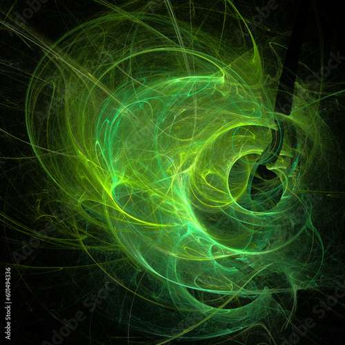 yellow and green abstract drawing on a black background  color digital graphics  design