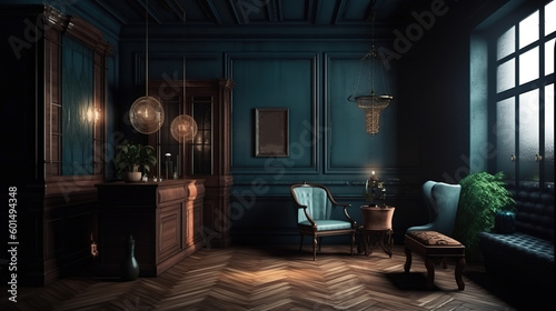 Dark vintage interior with wooden furniture, 3d render, Bright color. Generative Ai © hassanmim2021