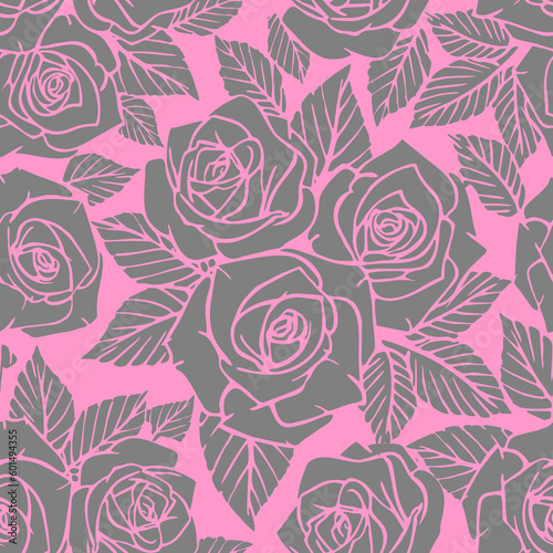 seamless gray asymmetric pattern of rose contours on a pink background  texture  design