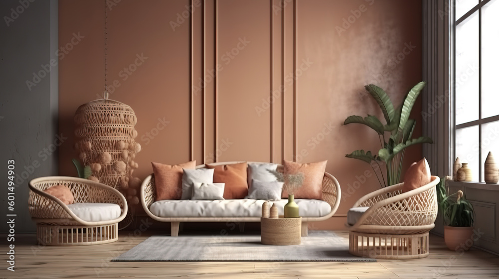 Scandi-Boho style living room interior, wall mockup, 3d render, Bright color. Generative Ai Scandi-Boho style living room interior, wall mockup, 3d render, Bright color. Generative Ai