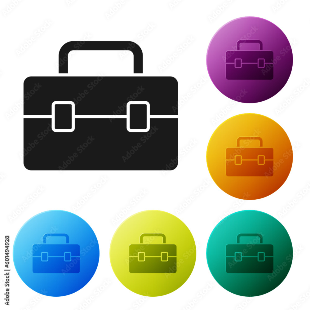 Black Toolbox icon isolated on white background. Tool box sign. Set icons in color circle buttons. Vector Black Toolbox icon isolated on white background. Tool box sign. Set icons in color circle buttons. Vector