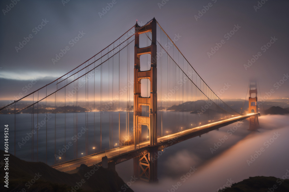 Fototapeta premium Fog and the Golden Gate Bridge, California. Generative AI