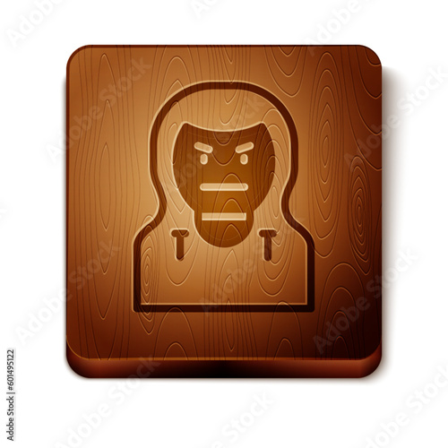 Brown Thief mask icon isolated on white background. Bandit mask, criminal man. Wooden square button. Vector