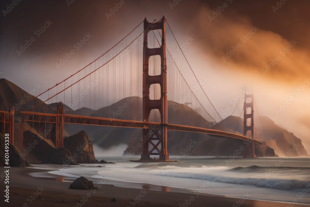 Fototapeta premium Fog and the Golden Gate Bridge, California. Generative AI