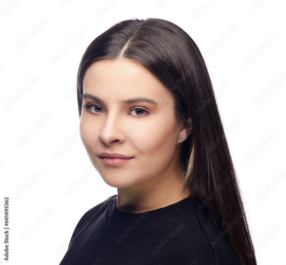 close-up headshot portrait of a brunette girl, on a white background isolate. close-up headshot portrait of a brunette girl, on a white background isolate.