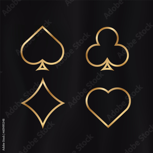 Golden outline card suits. Yellow gradient symbol of gambling luck