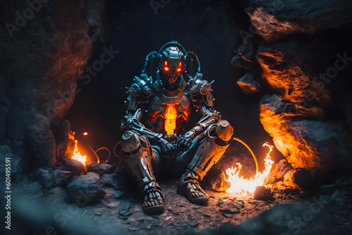 Alone humanoid robot warming themselves by a fire on a desert island in a cave. The concept of technology survival in difficult conditions of natural selection. Generative AI