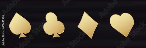 Golden card 3d suits. Yellow gradient symbol of gambling luck