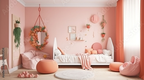 Mockup frame in children   s bedroom  3d render  Bright color. Generative Ai