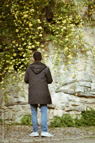 Lost in the Beauty of Spring: Photo of a Young Man Gazing at a Wall of Yellow Flowers