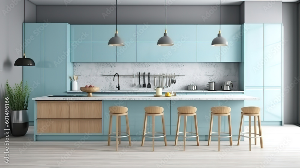 Panoramic modern kitchen interior background, 3d render, Bright color. Generative Ai Panoramic modern kitchen interior background, 3d render, Bright color. Generative Ai