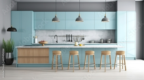 Panoramic modern kitchen interior background, 3d render, Bright color. Generative Ai