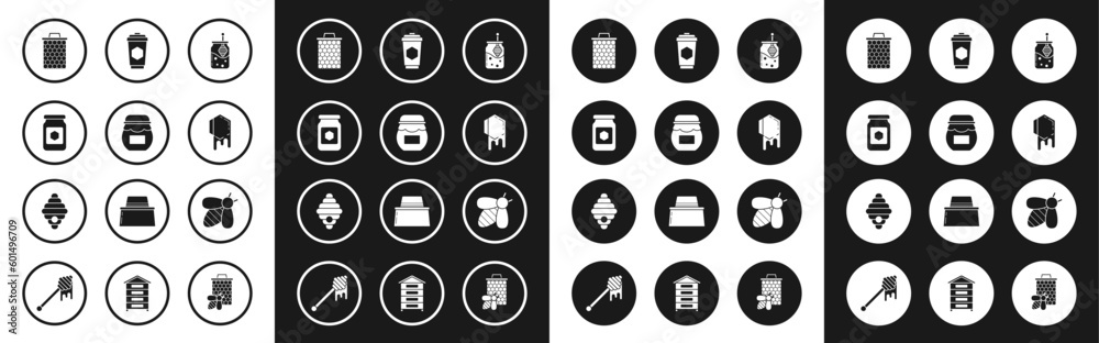 Set Jar of honey and honey dipper stick, Honeycomb, Cup tea with, Bee and Hive for bees icon. Vector Set Jar of honey and honey dipper stick, Honeycomb, Cup tea with, Bee and Hive for bees icon. Vector