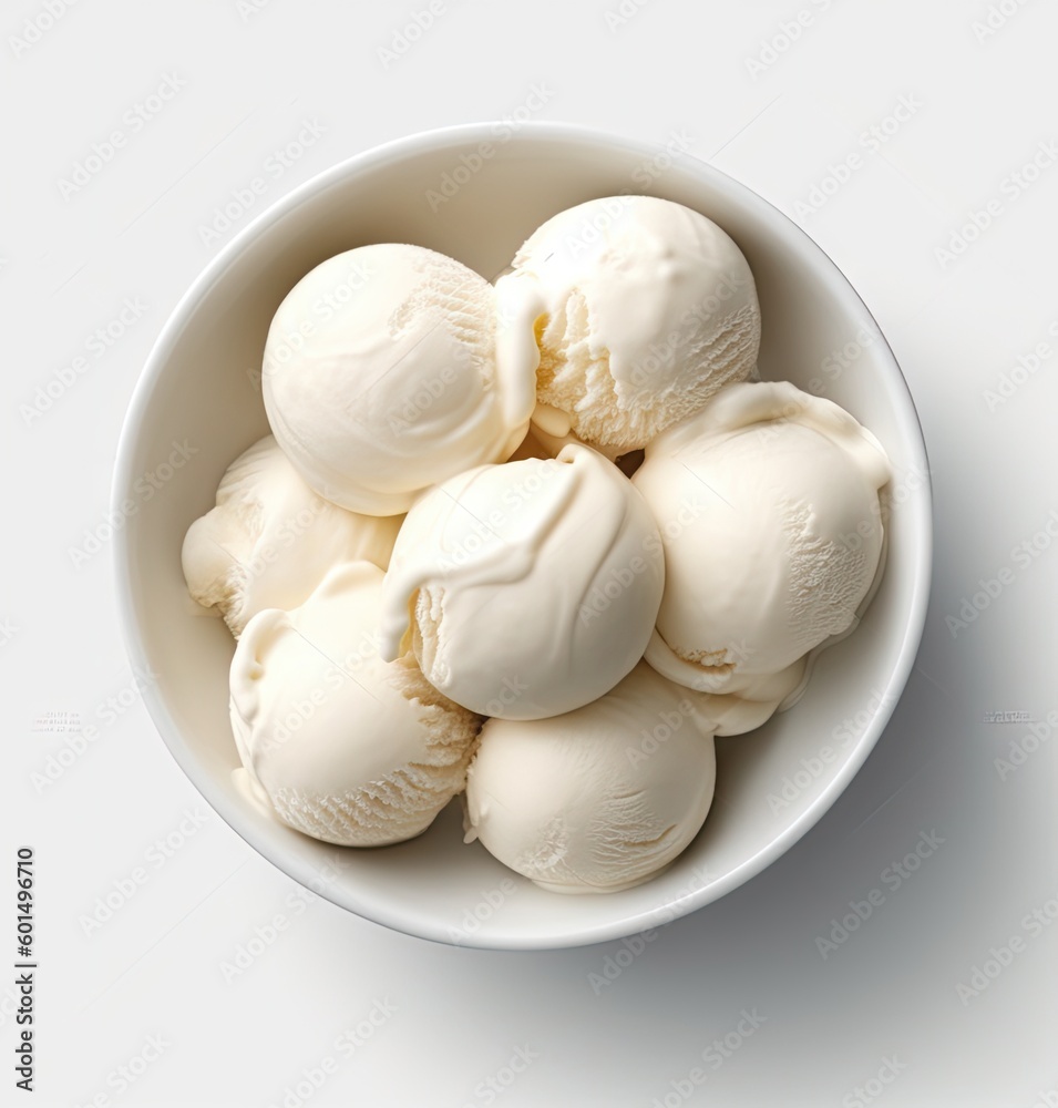 Bowl of vanilla ice cream isolated on white background. From top view ...
