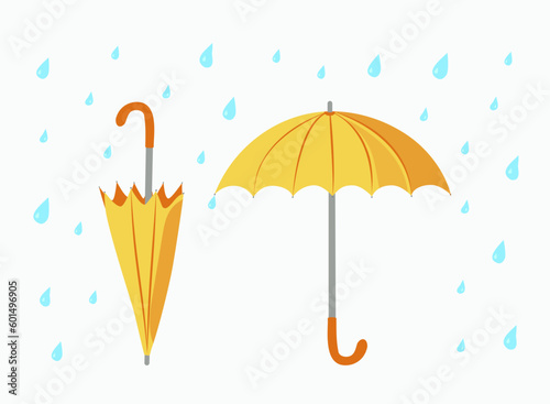 Set. Open umbrella and closed umbrella . Bright umbrella and raindrops. The rainy season.  Rainy weather. Flat style. Vector illustration, background isolated. 