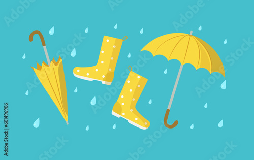 Set. Open umbrella , shoes, rubber boots and closed umbrella . Bright umbrella and raindrops. The rainy season.  Rainy weather. Flat style. Vector illustration, background isolated. 